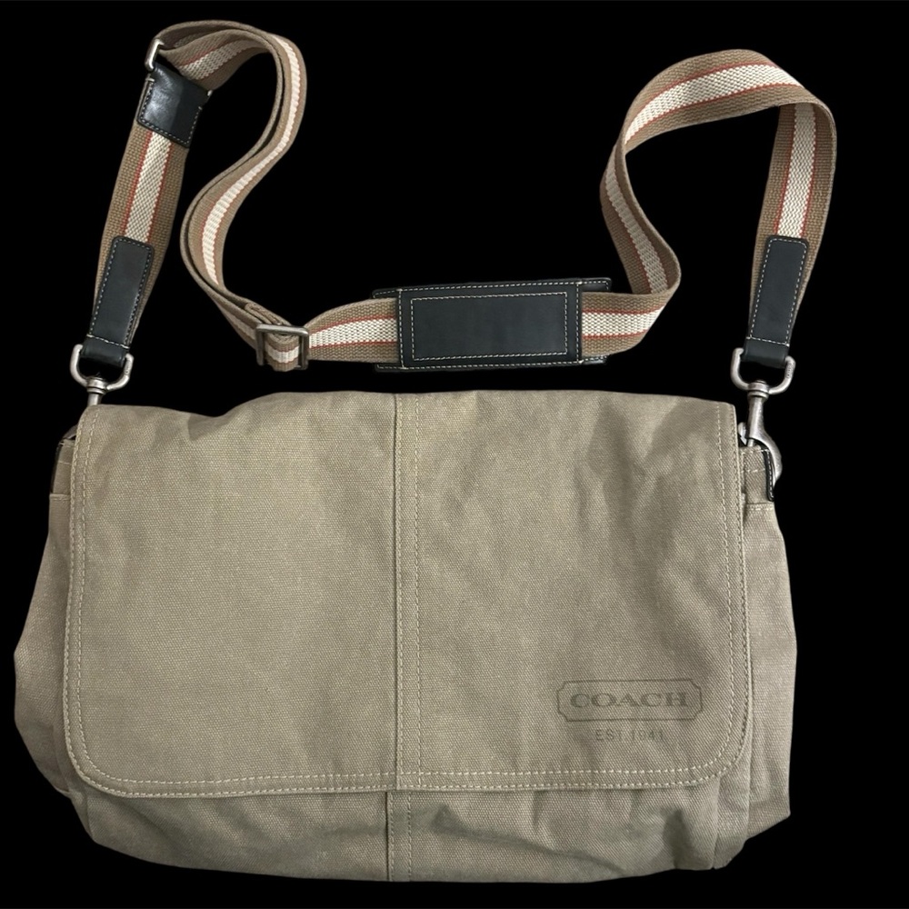 Coach Beige Messenger Bag with Striped Strap